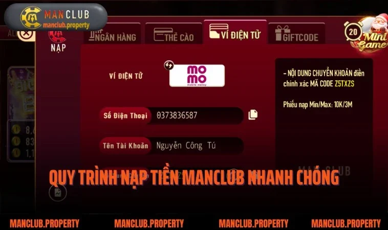 Quy trình chuẩn thực hiện nạp tiền MANCLUB qua đa dạng phương thức